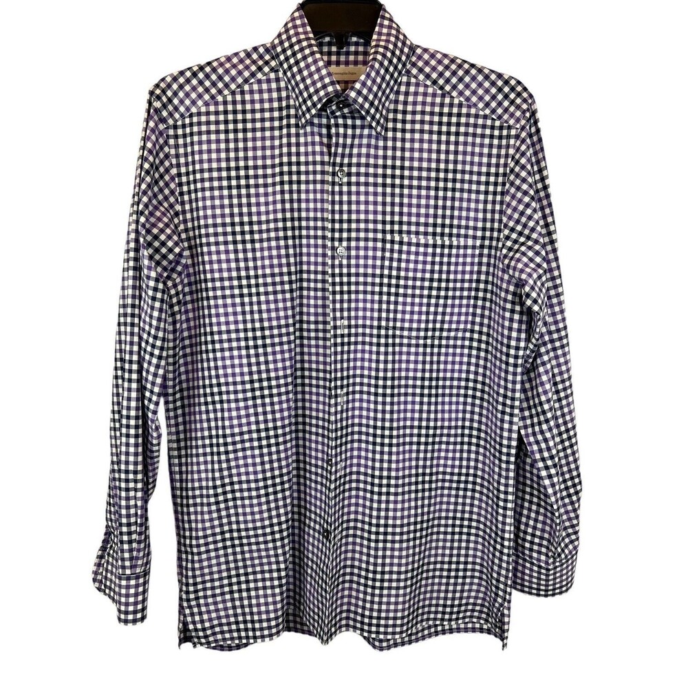 Ermenegildo Zegna Men's Button Front Purple & Black Check LS Shirt Size M